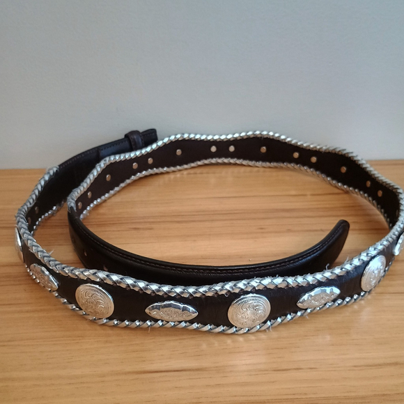Western Brown Leather Scalloped Belt W/ Silver Conchos Braided Edge Mens 46 - Picture 3 of 10